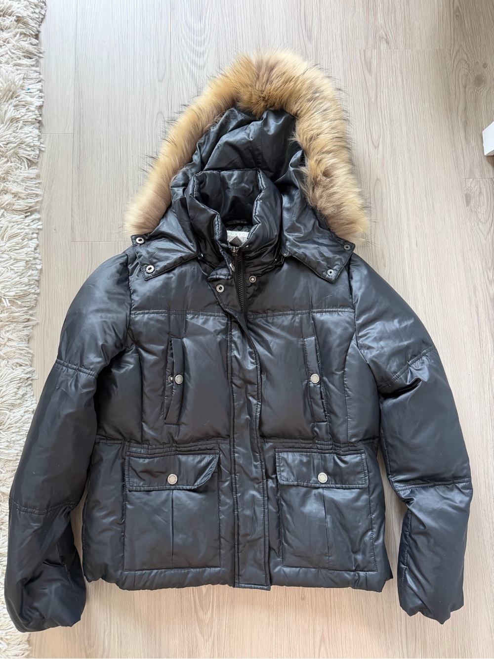 Bernardo Black Puffer Jacket with Faux Fur Trim